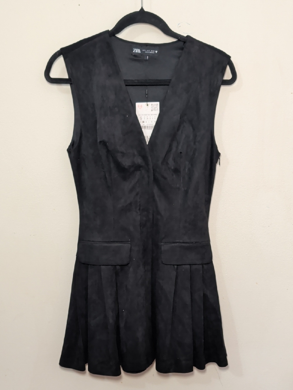 Zara Faux-Suede Pleated Dress Black Sleeveless Schoolgirl NEW Women's Size S